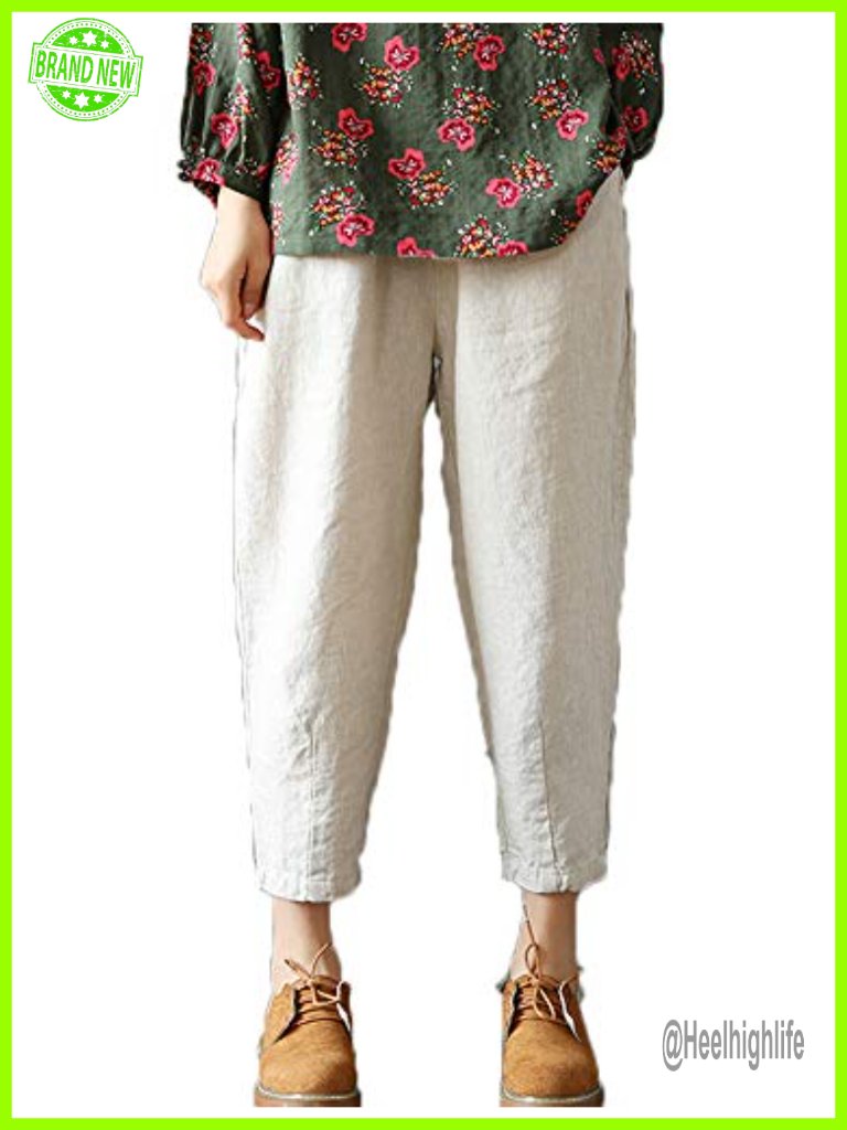 Linen Cropped Pants Tapered Ankle Capris Elastic Waist Pull-On